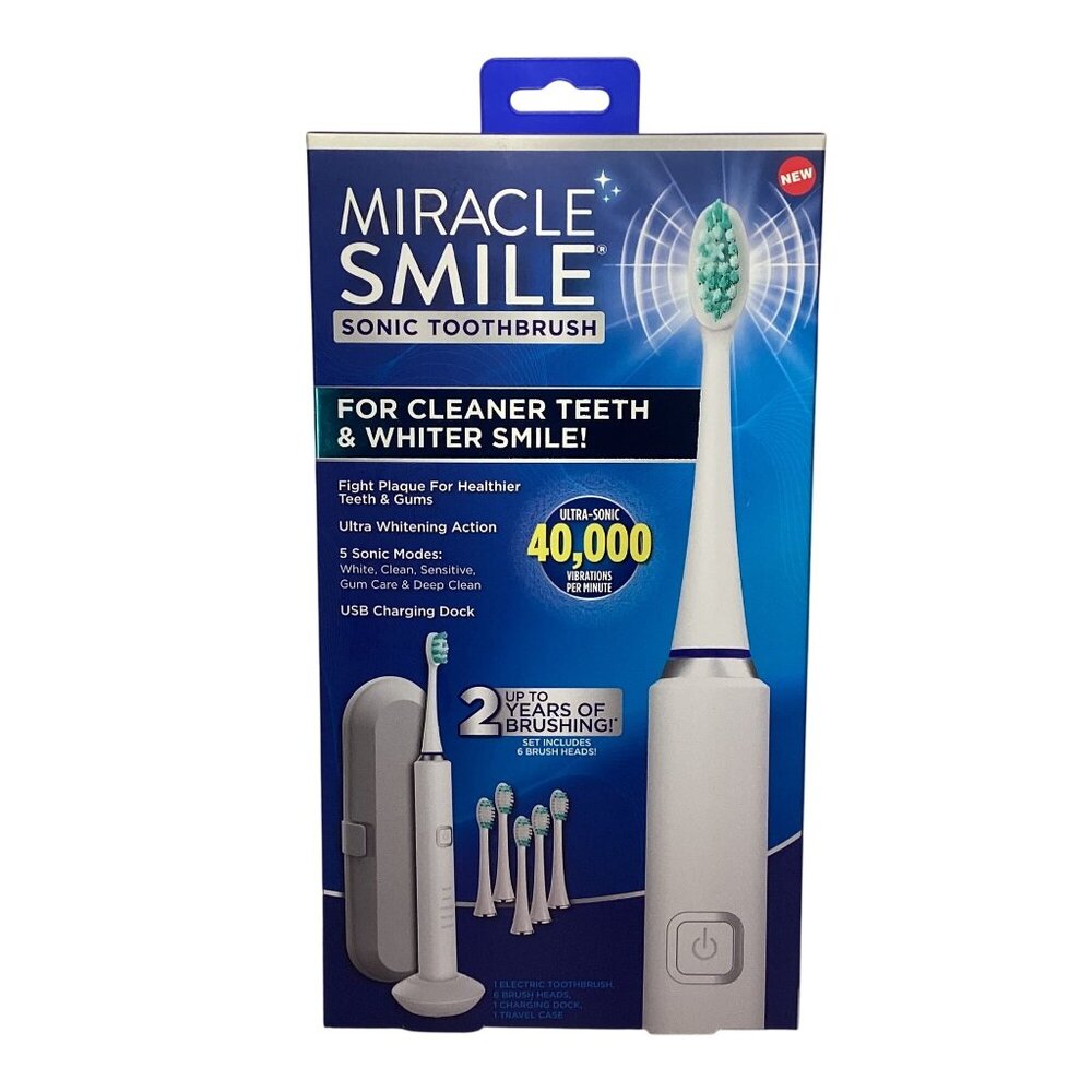 Miracle Smile Electric Sonic Toothbrush 6 Brush Heads Charger Brand New Sealed